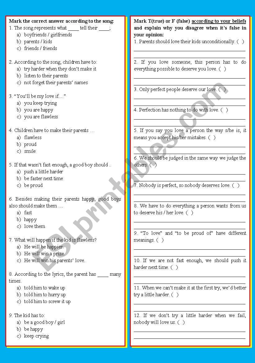 Songs4class Perfect Alanis Morissette 5 Tasks Discussion On Love Parents And Children Relationship Expectations Etc Lyrics Included 3 Pages Editable Esl Worksheet By Zailda